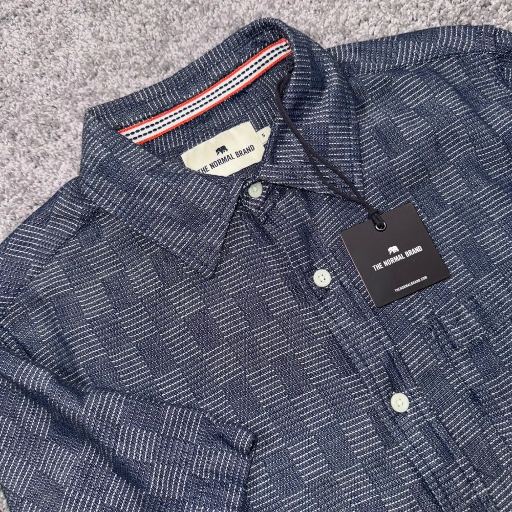 The Normal Brand Short Sleeve Shirt Mens Textured Dobby Summer Navy Small NEW